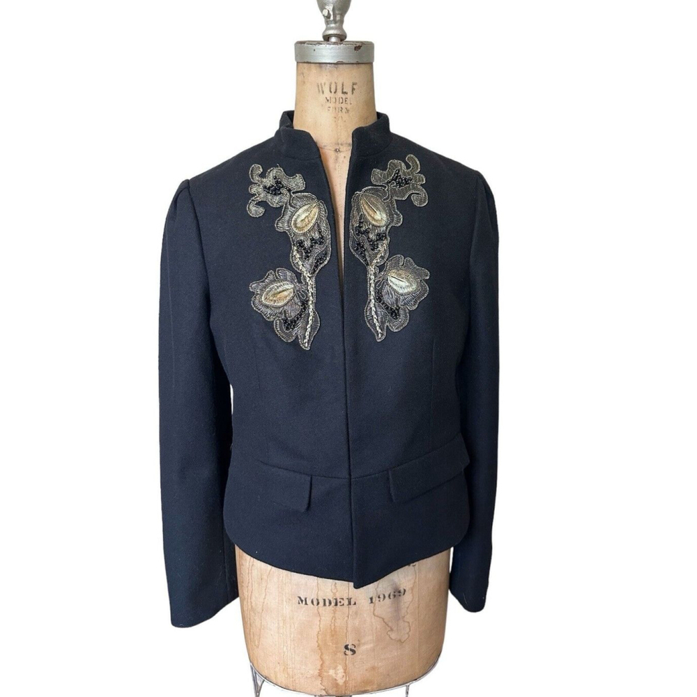 BANANA REPUBLIC HERITAGE WOMENS EMBELLISHED BLACK/GOLD WOOL JACKET COAT 6